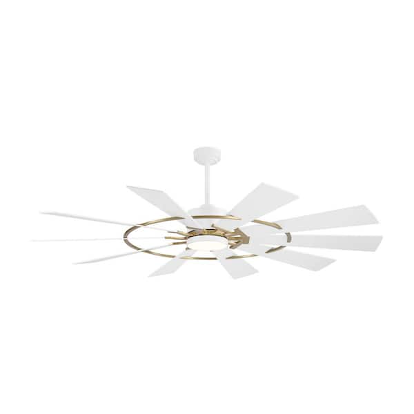 72 in. (6 ft.) Indoor Gold with 10 White Blades Ceiling Fan with LED light Remote Included DC Motor Down-rod Mount