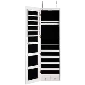 Wall and Door Mounted White Mirrored Jewelry Cabinet Storage Organizer with Lights and Drawer