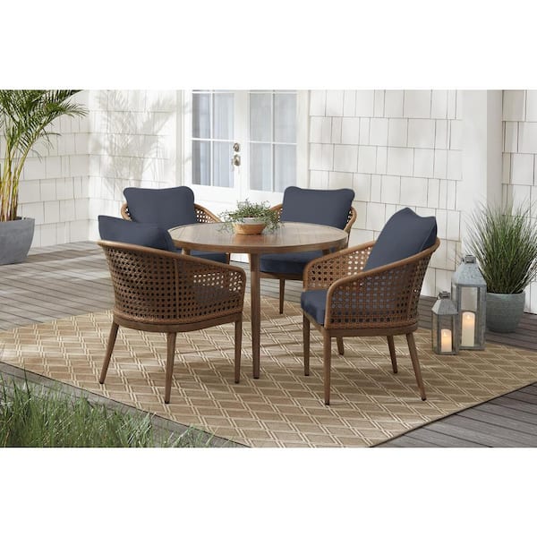 Hampton Bay Coral Vista 5-Piece Brown Wicker and Steel Outdoor Patio Dining Set with CushionGuard Sky Blue Cushions