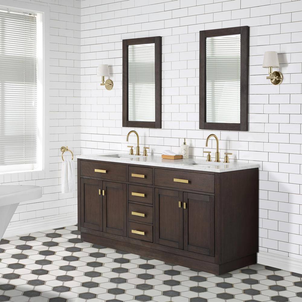 Chestnut 72" Brown Oak Double Sink Vanity with Carrara White Marble Countertop