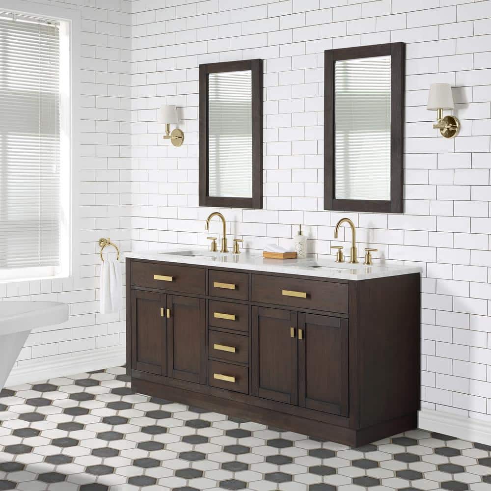 Chestnut 72" Brown Oak Double Sink Vanity with Carrara White Marble Countertop