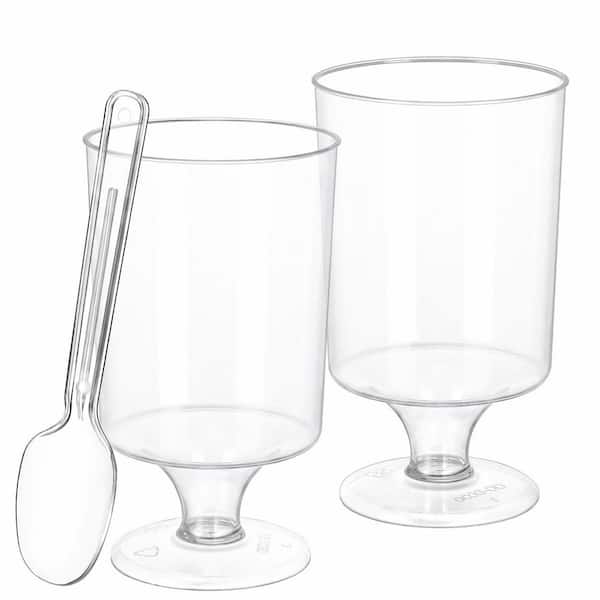 60 Pack Mini Disposable Dessert Cups with Spoons 3 Oz Clear Plastic Pedestal Wine Glass Style for Party