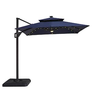 2pc Yetta 8 ft. Aluminum Cantilever Crank Tilt and 360 Square Patio Umbrella and LED Lights in Navy with Base