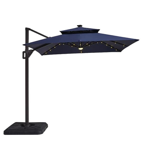 Furniture of America 2pc Yetta 8 ft. Aluminum Cantilever Crank Tilt and 360 Square Patio Umbrella and LED Lights in Navy with Base