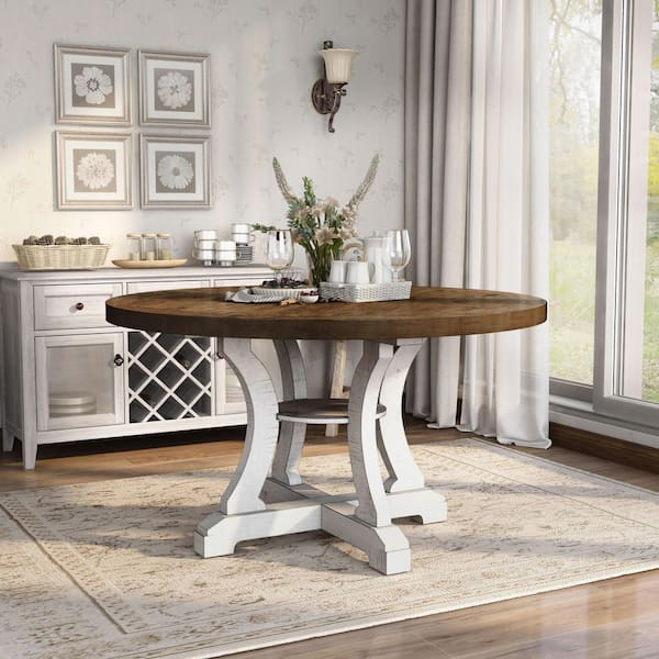 Wicks 54 in. Distressed White and Dark Oak Wood Round Dining Table