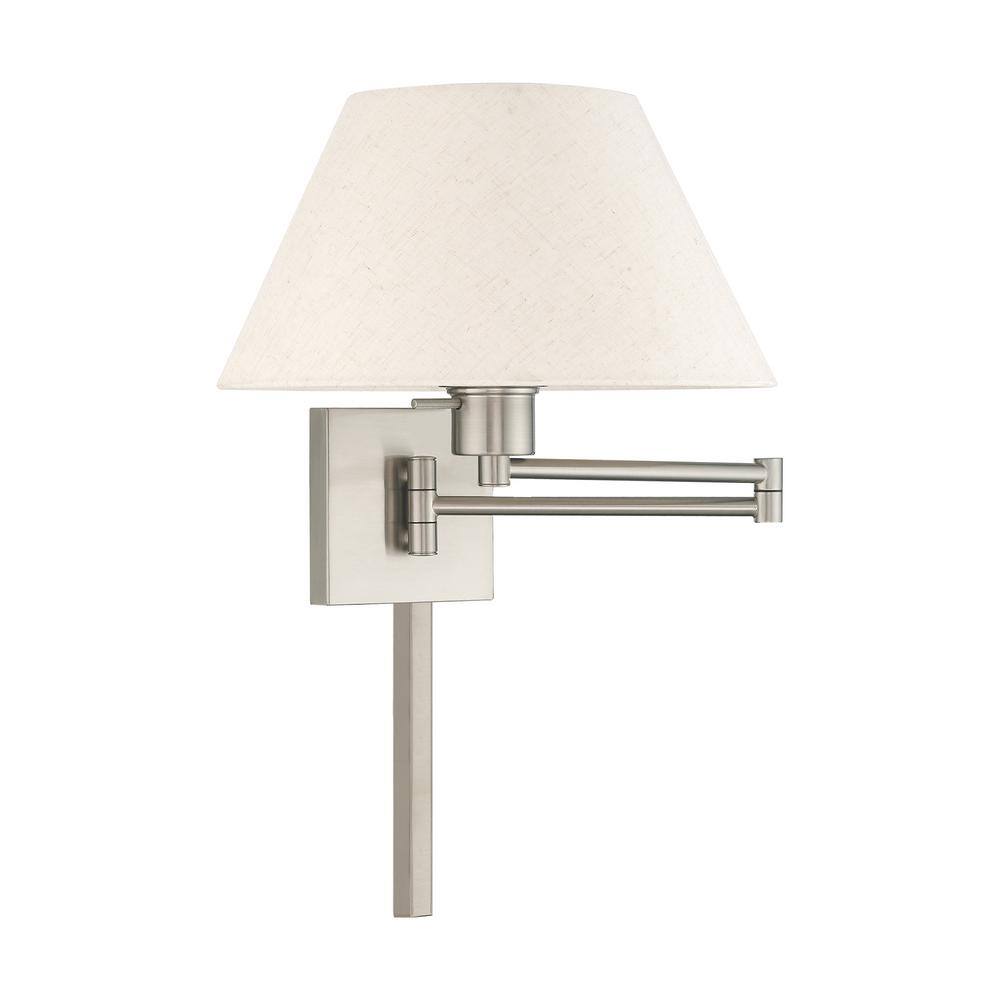 Brushed Nickel Swing Arm Wall Light with Oatmeal Fabric Shade