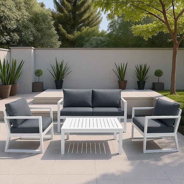 White 4-Piece Aluminum Outdoor Furniture Patio Conversation Set with White Table and Black Cushions