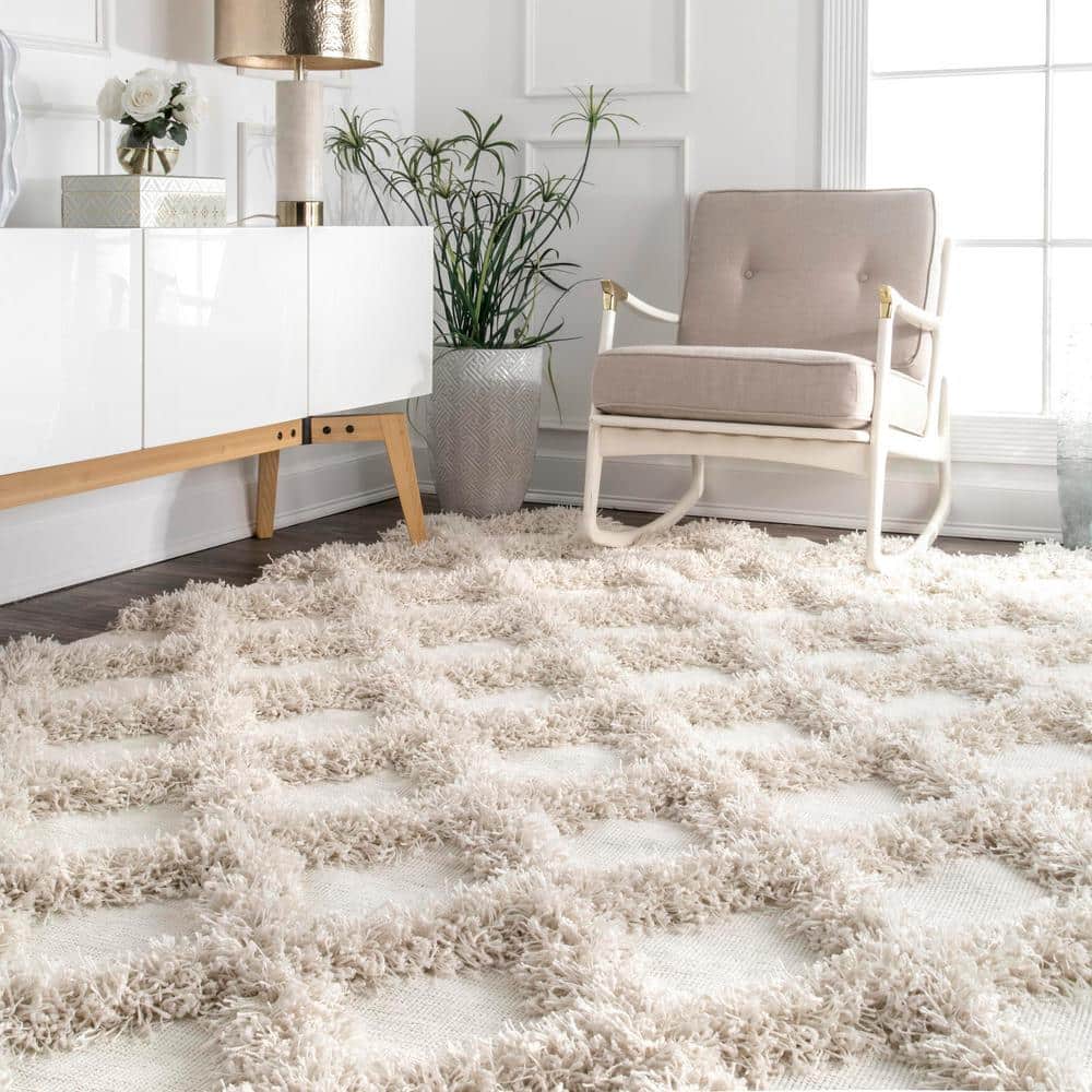 Ivory and Beige Synthetic Shag Rectangular 4' x 6' Area Rug