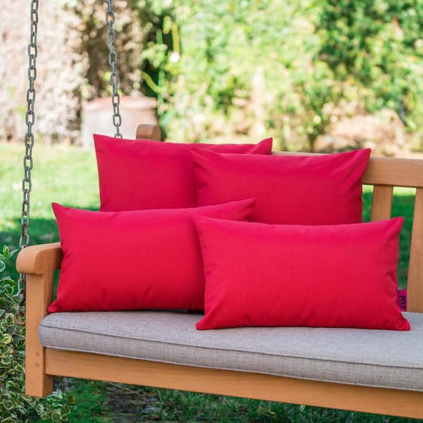 Contemporary Home Living Set of 4 Red Square and Rectangle Outdoor Patio Throw Pillows 18.5