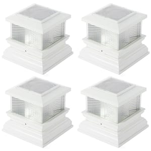 Fits 4x4 or 5x5 Wooden or Vinyl Posts, Solar Post Cap Lights Outdoor Waterproof LED Warm White, - 4 Pack, White