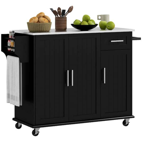 HOMCOM Black Wood 50.5 in. Kitchen Island with Drawers