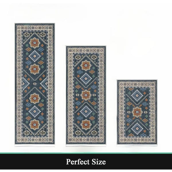 INNOBULE Kitchen Rugs and Runner Sets of 3 Washable Non Slip Kitchen Runner Rug in Dark Blue