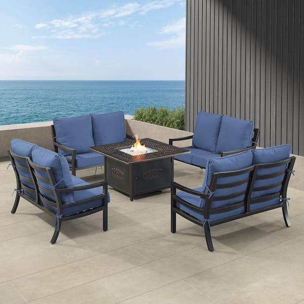 Oakland Living Black 6-Piece Aluminum Patio Fire Pit with 4-Deep Seating Loveseat Blue Cushions