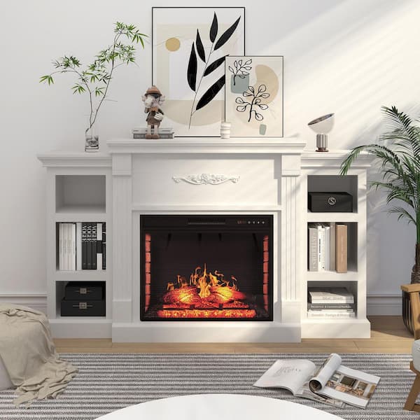 White MDF TV Stand Fits TV's Up to 70 with 28 in. Electric Fireplace
