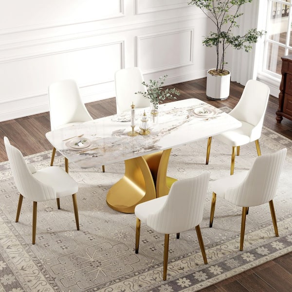 Magic Home 70.8 in. Pandora Rectangle Round Edge Sintered Stone Top Pedestal Pandora Gold Metal Base Dining Table (Seats-8)