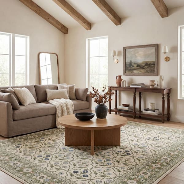 Maribel 6 ft. x 9 ft. Green Flowers Area Rug
