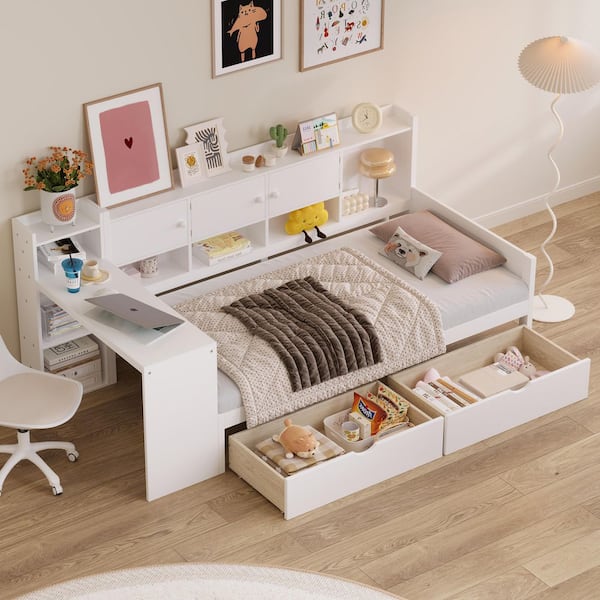 White Twin Size Wood Daybed with Built-in Desk, Bookshelf, Cabinets and 2 Large Drawers