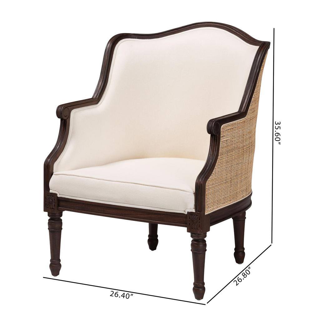 Beige and Dark Brown Carved Wood Accent Chair with Woven Rattan