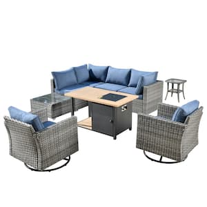 Sanibel Gray 9-Piece Wicker Outdoor Patio Conversation Sofa Set with a Storage Fire Pit and Denim Blue Cushions