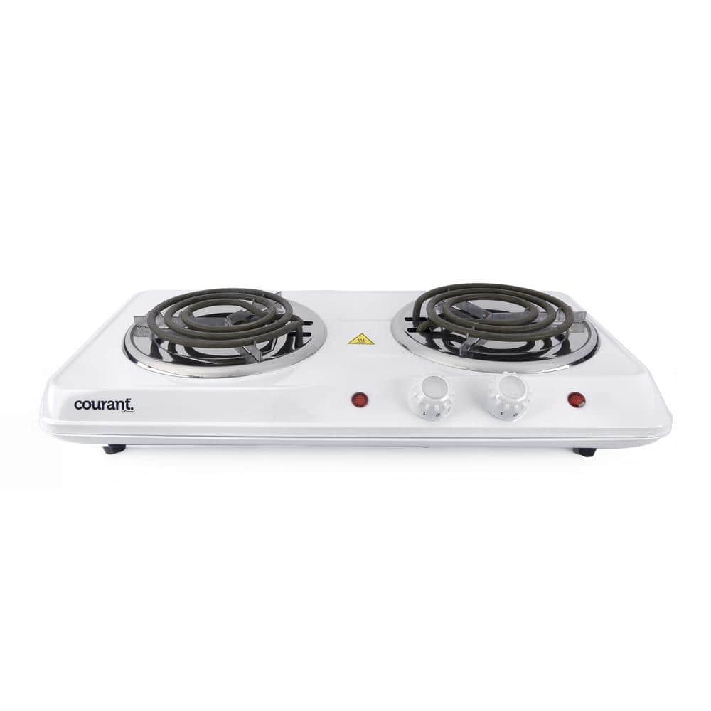 Double Electric Burner Countertop Hot Plate Stainless Steel Cast Iron 1000W  700W by Durabold, White 