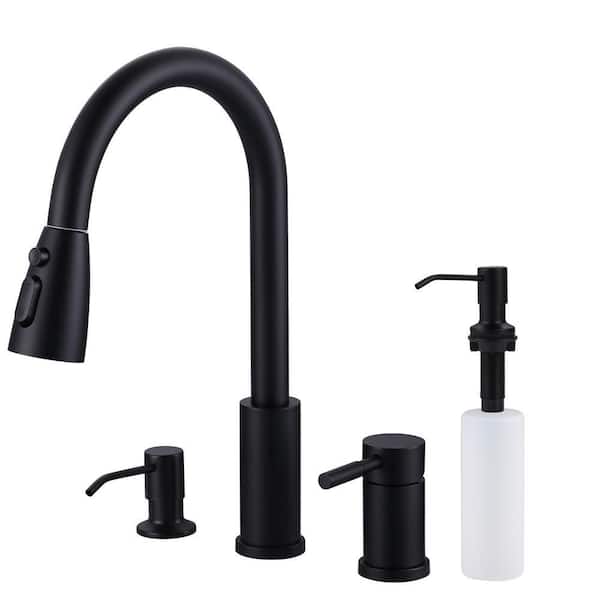 Single Handle Pull Down Sprayer Kitchen Faucet with Soap Despenser in Matte Black