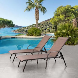 2-Piece Metal Adjustable Outdoor Chaise Lounge in Brown