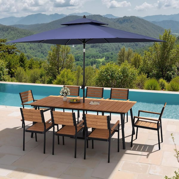 11-Piece 83 in. Brown Aluminum Outdoor Dining Set with Stackable Armchairs, Umbrella Base, Navy Market Patio Umbrella