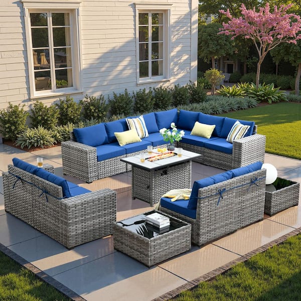 HOOOWOOO Tahoe Grey 13-Piece Wicker Wide Arm Outdoor Patio Conversation Sofa Set with a Fire Pit and Navy Blue Cushions