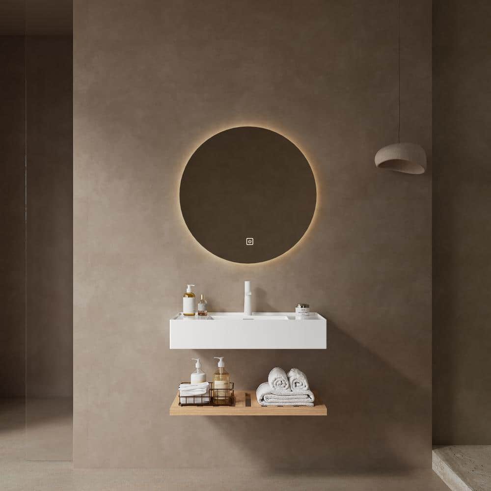 30 in. Wall-Mounted Natural Wood Bath Vanity with White Acrylic Top Assembl