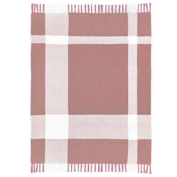 Unbranded Hailee Pink/White Hand-Woven Plaid Farmhouse All Natural Cotton Throw Blanket