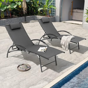 2-Piece Aluminum Adjustable Outdoor Chaise Lounge with Headrest in Black
