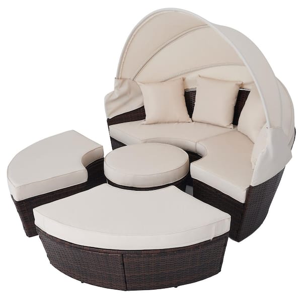 Merra 5-Piece Wicker Canopy Bed ODF-5WKR-BG-BNHD-1 Outdoor Retractable with Cushions - The Beige Sunbed Depot with Home Day