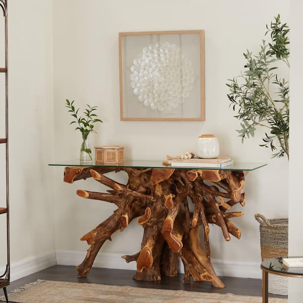 Litton Lane 54 in. Brown Extra Large Rectangle Teak Wood Handmade Live Edge Tree Stump Console Table with Clear Glass Top
