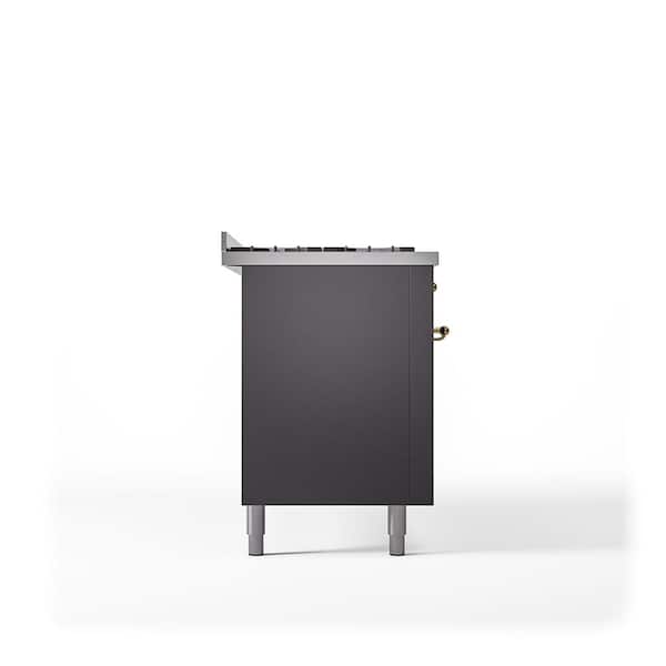 Nostalgie II 60 in. 9 Burner+Griddle Freestanding Double Oven Dual Fuel Range in Matte Graphite with Brass