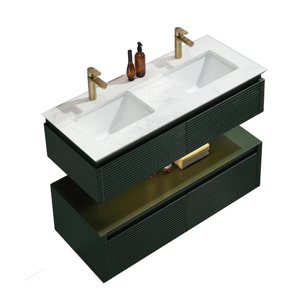 Modland Wilton 48 in. W x 20.8 in. D x 19.6 in. H Floating Bathroom Vanity Set in Green with White Double Undermount Basins