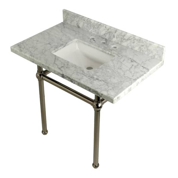 Square-Sink Washstand 36 in. Console Table in Carrara with Metal Legs in Polished Nickel