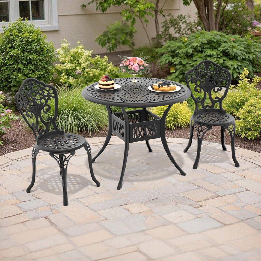 ハイスタンダードセット Black 3-Piece Cast Aluminum Patio Outdoor Dining Set with Round