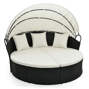 Wicker Patio Round Daybed Outdoor Day Bed with Retractable Canopy Rattan Sectional Seating Off White Cushions