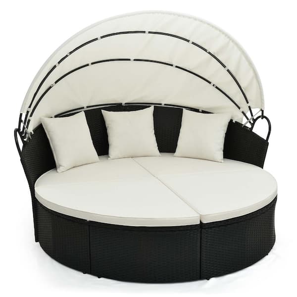 Costway Wicker Patio Round Daybed Outdoor Day Bed with Retractable ...