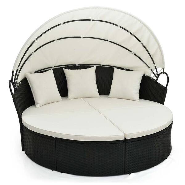 thumbnail image 2 of COSTWAY Outdoor Rattan Daybed With Retractable Canopy - White Patio Furniture With Cushions & Side Tables 2 of 10