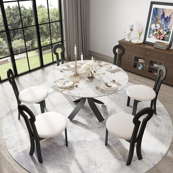 Magic Home 53.15 in. Pandora Sintered Stone Tabletop with Black Pedestal Base Dining Table (Seats 6)