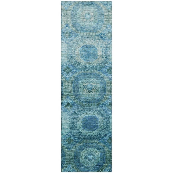 Mayfield Premium Machine Washable Abstract AMF1944 Blue 2 ft. x 7 ft. Runner Rug