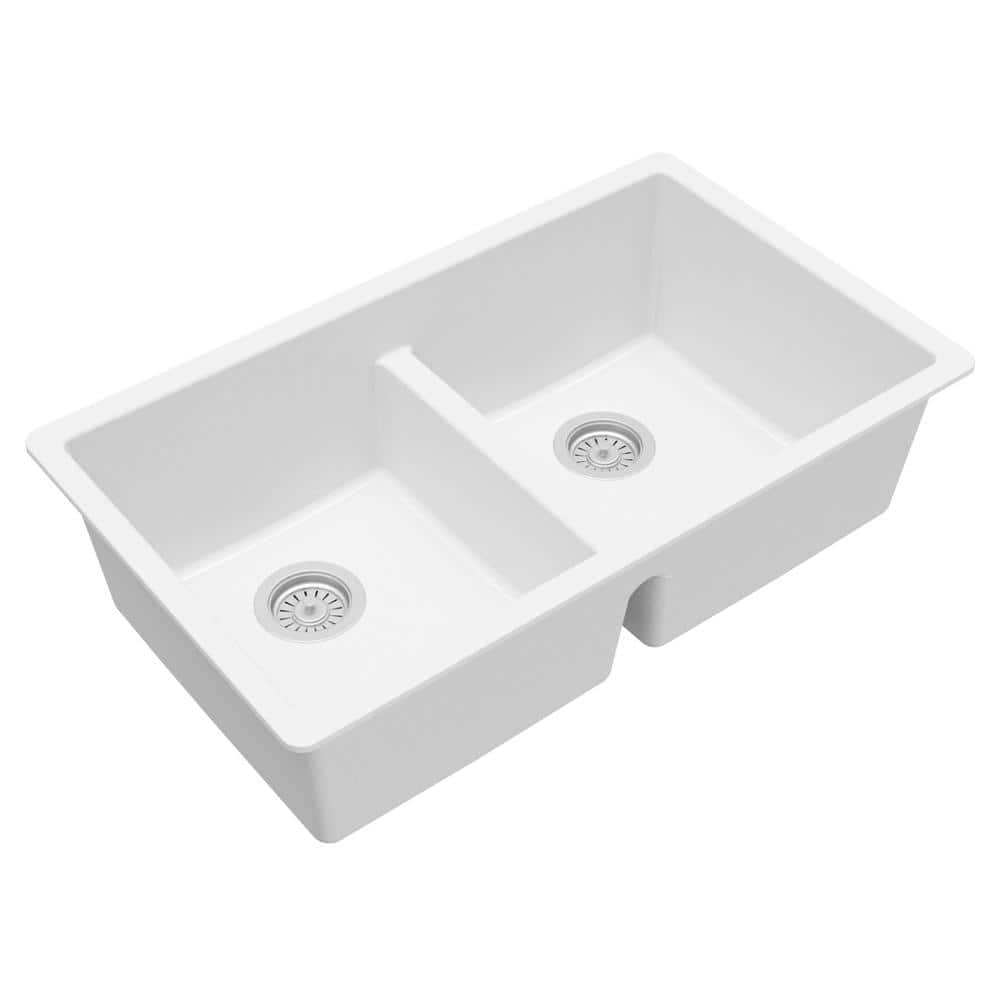 White Quartz Double Bowl Undermount Kitchen Sink, 32"