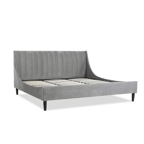 Jennifer Taylor Aspen California King Opal Grey Velvet Vertical Tufted Modern Headboard Platform Bed Set