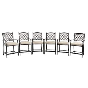 Charcoal Gray Cast Aluminum Curved Backrest Chair Outdoor Dining Bar High Chairs with Beige Cushions (Set of 6)