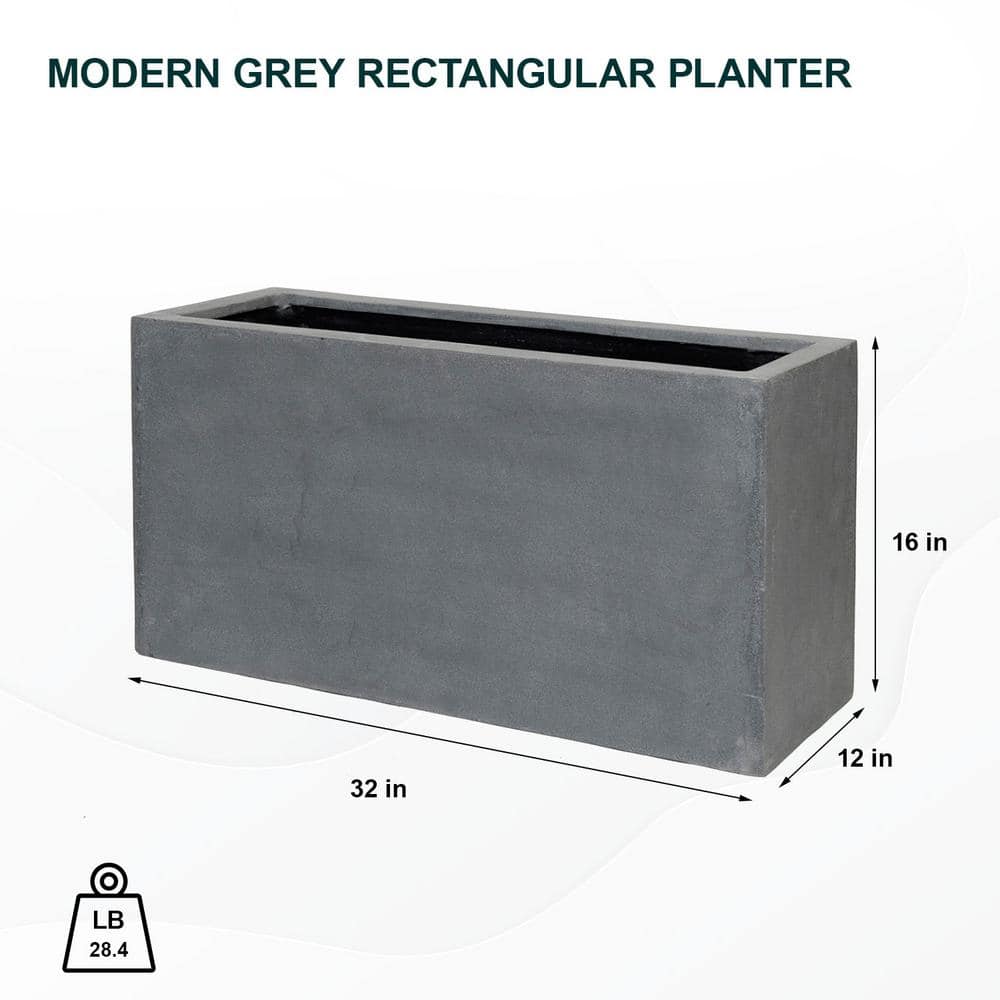 Elegant Fiberstone Rectangular Planter, 16"x32"x12", Glossy Grey