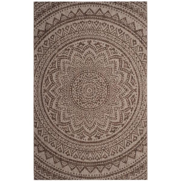 Courtyard Light Beige/Light Brown 8 ft. x 11 ft. Border Indoor/Outdoor Patio Area Rug