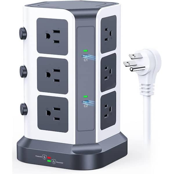 EKIEUDL 12-Outlet Power Strip Tower Surge Protector with 6.5 ft. Heavy-Duty Extension Co and USB Port in Gray