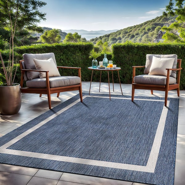 Beverly Rug 10 X 14 Blue White Blue Modern Bordered Indoor Outdoor