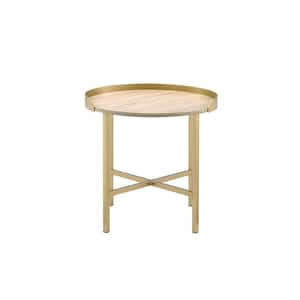 22 in. Mithea in Oak and Gold Round Wood Top End Table